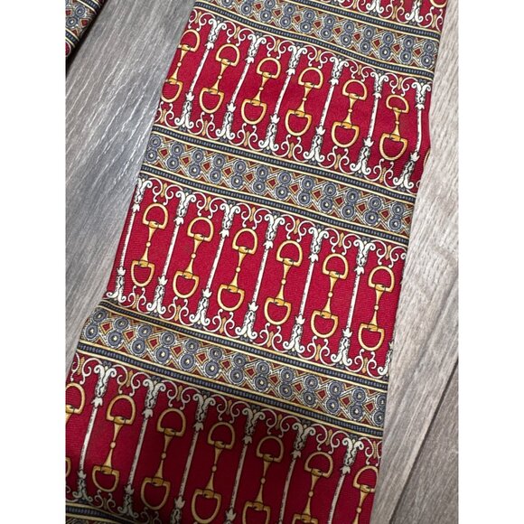 Vintage Paolo Gucci Red & Gold Equestrian Bridle Bit Print Silk Tie Made In Ital - Picture 7 of 7